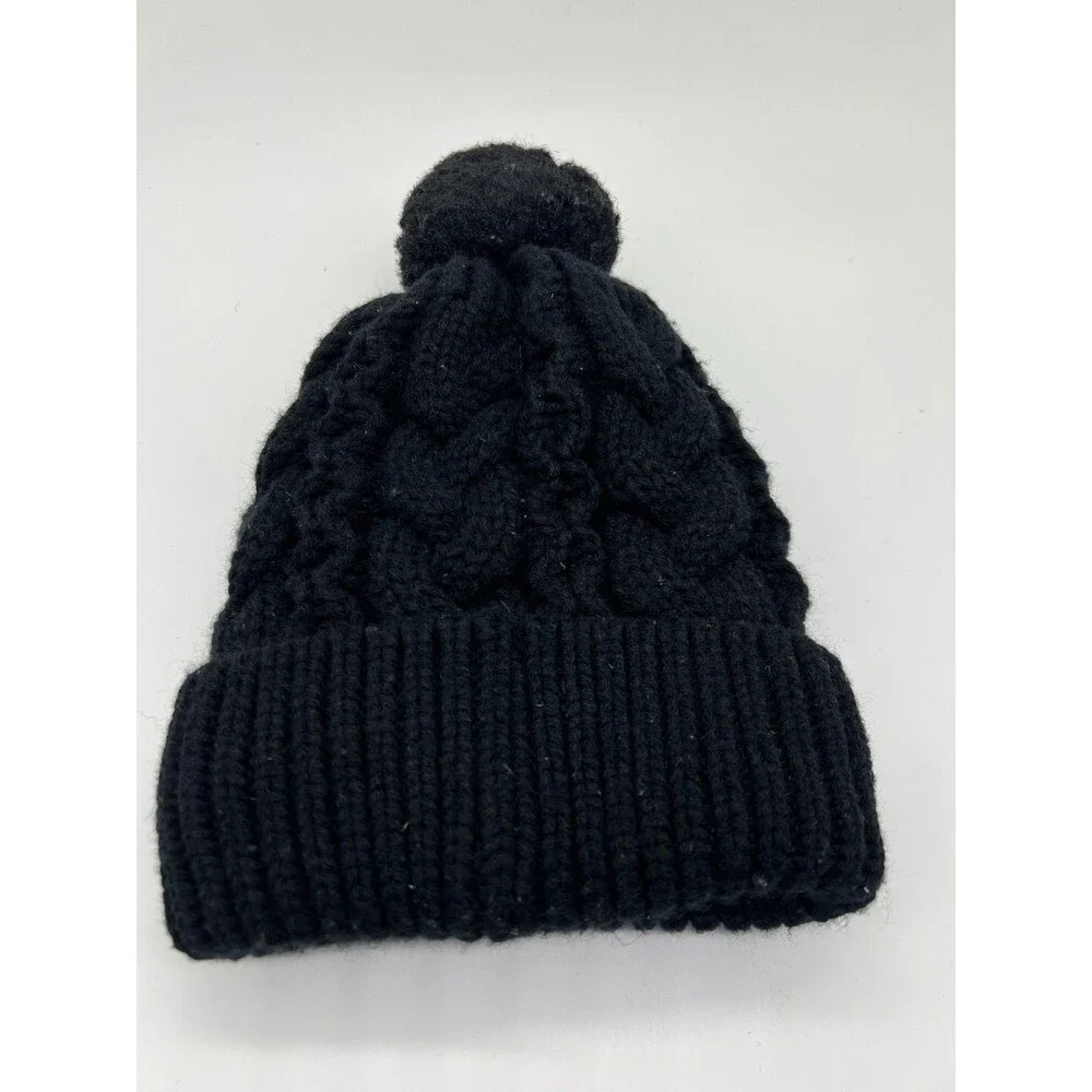 UGG Australia Hat Beanie Womens One Size Black Cable Knit Pom Lined Winter
